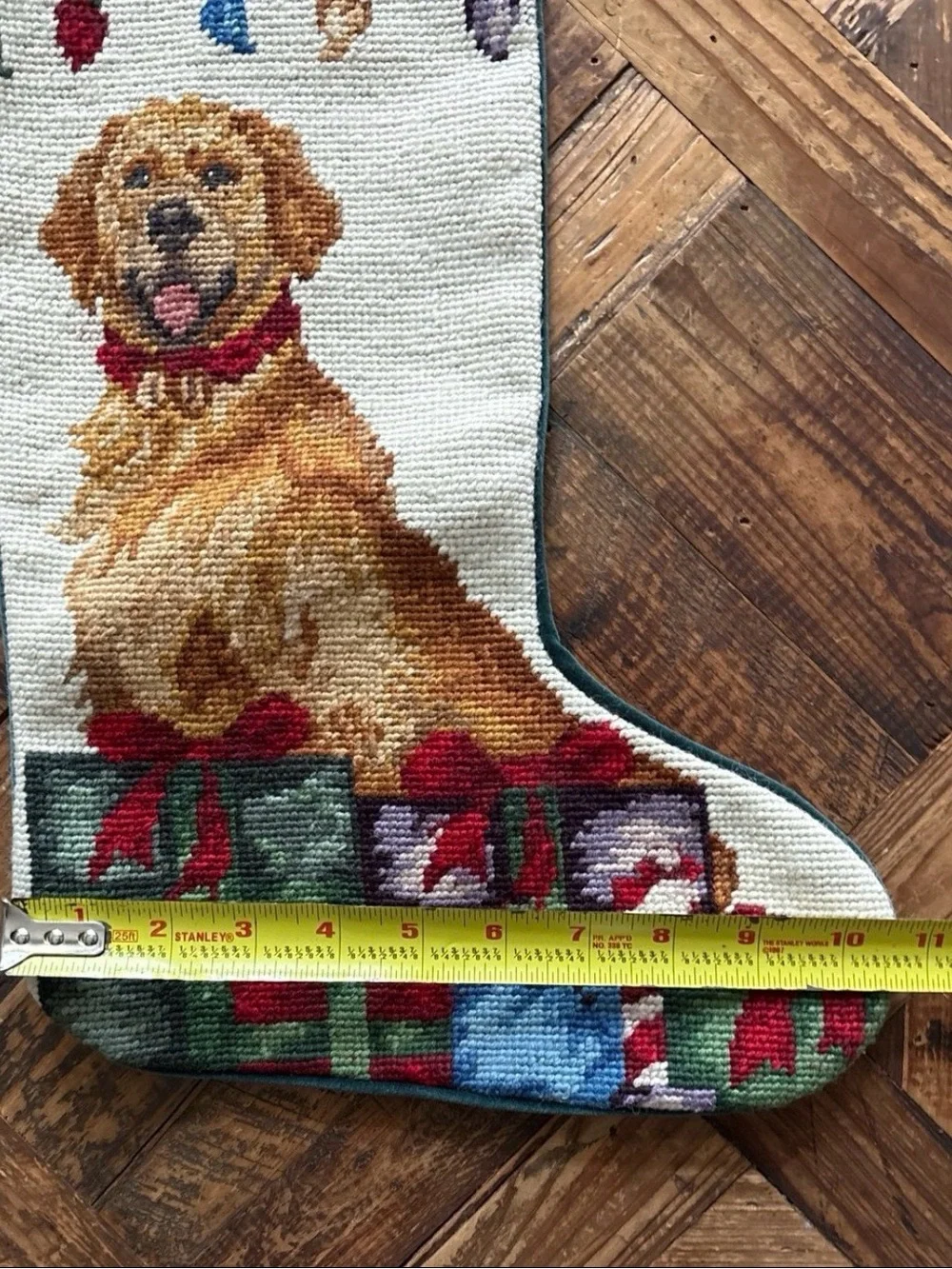 Vintage Needlepoint Dog Christmas Stocking, Golden Retriever